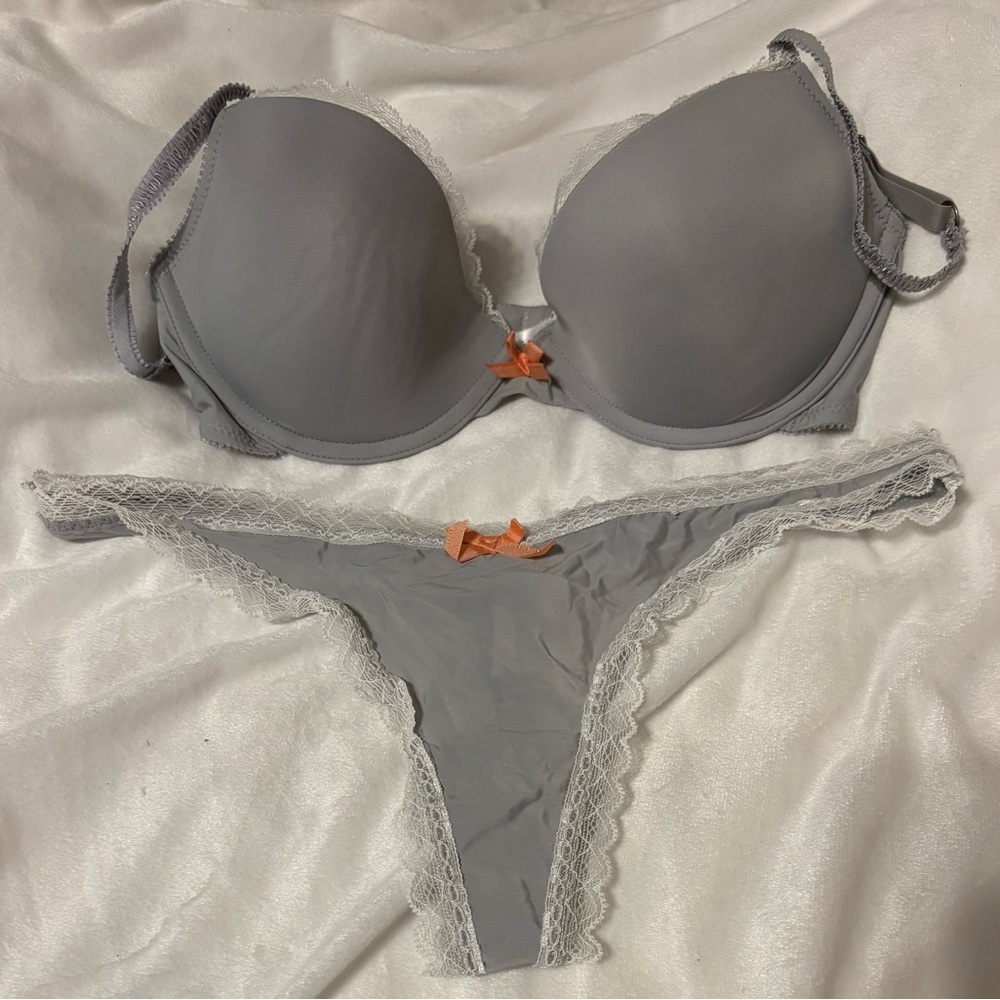 Elegant Gray Lace Trim Bra and Panty Set